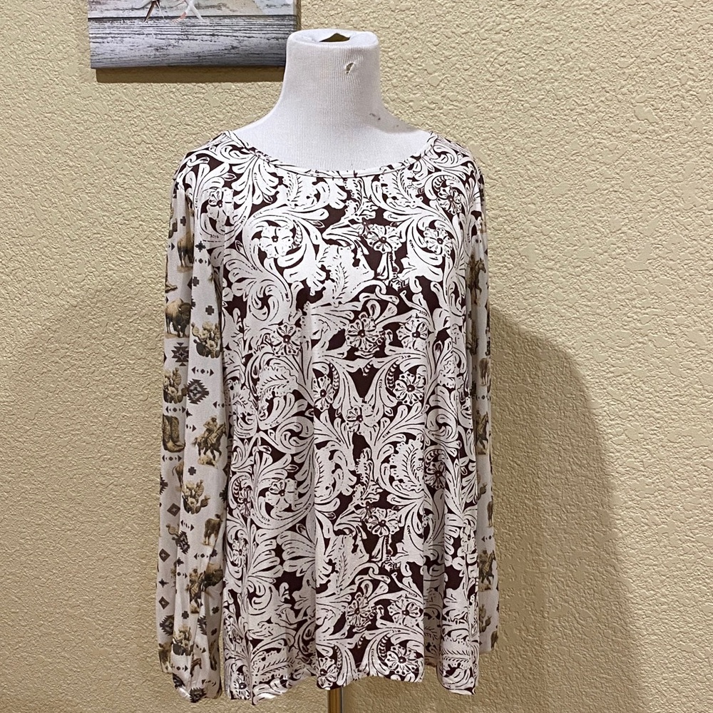Elegant Women's Patterned Blouse in Brown and Cream